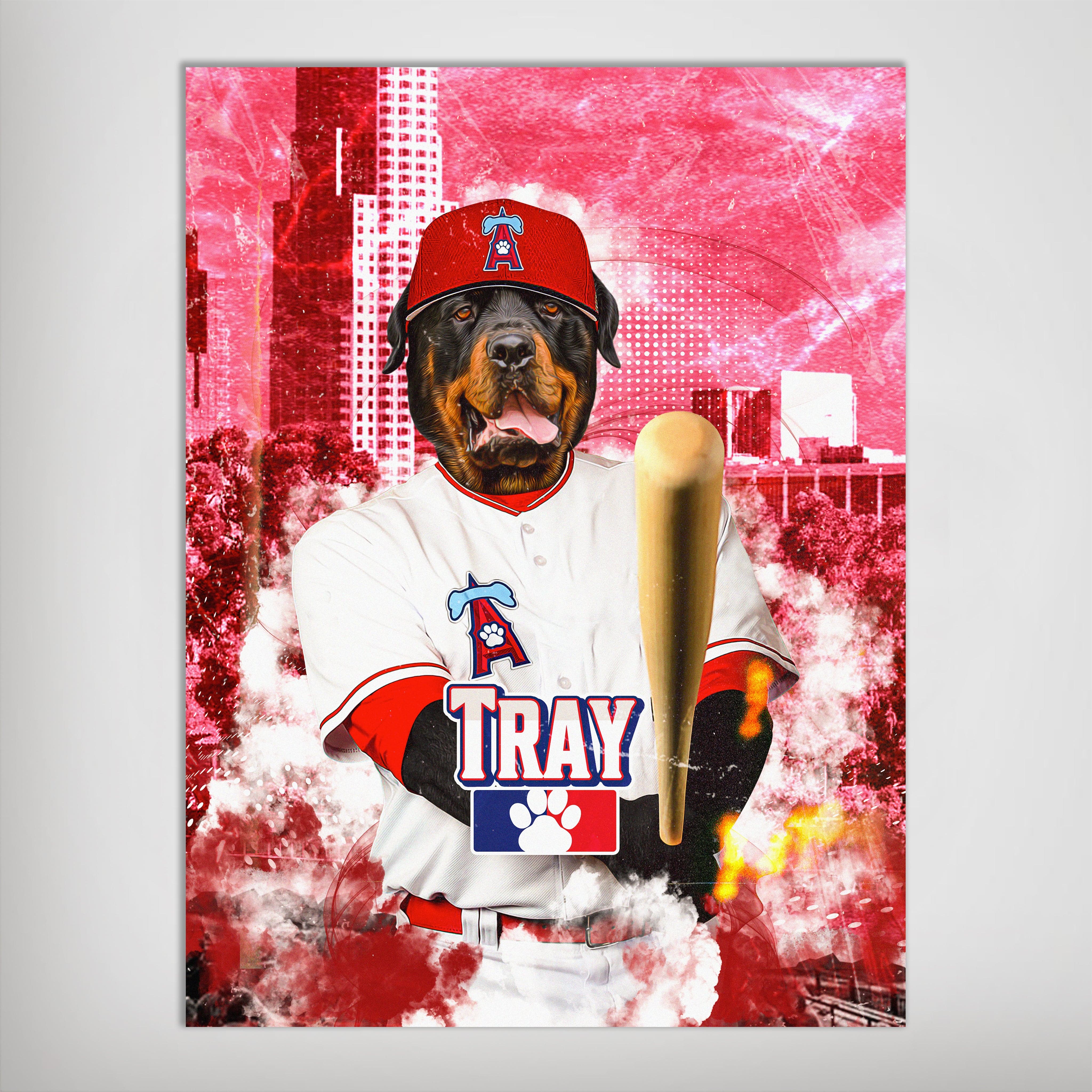 Personalized pet poster featuring a Rottweiler in a red Angels baseball uniform, holding a bat, against a red Los Angeles skyline.