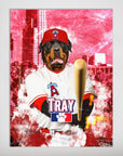 Personalized pet poster featuring a Rottweiler in a red Angels baseball uniform, holding a bat, against a red Los Angeles skyline.