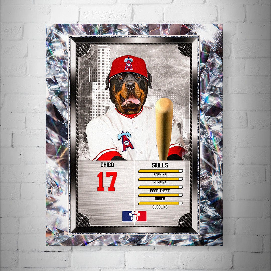 Personalized Los Angeles Angel Paws pet baseball trading card poster featuring a Rottweiler in a uniform.