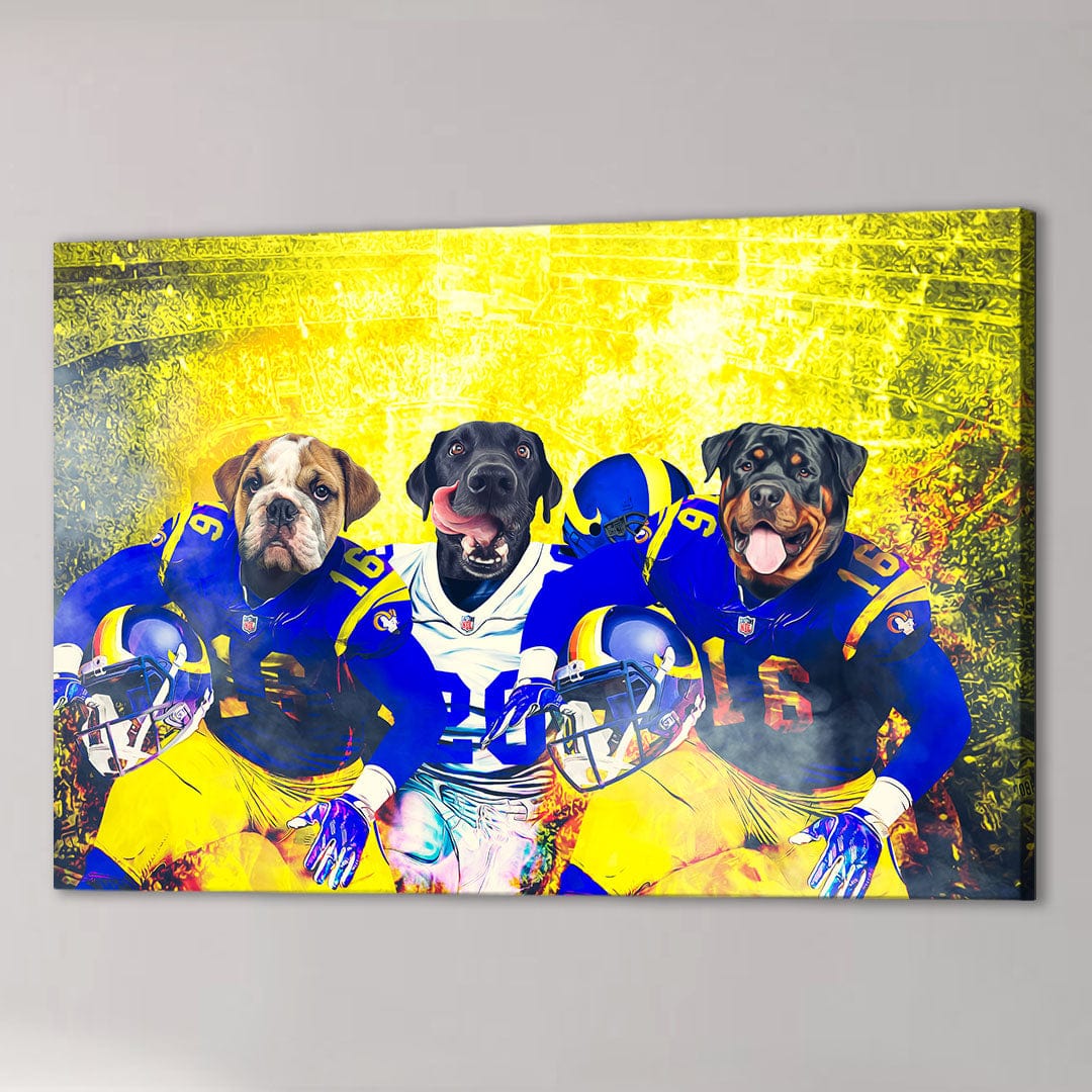 Custom canvas with three pets as football players in blue and yellow uniforms against a bright yellow background.