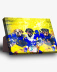 Personalized 3-pet standing canvas featuring dogs in blue and yellow football uniforms against a vibrant yellow background.