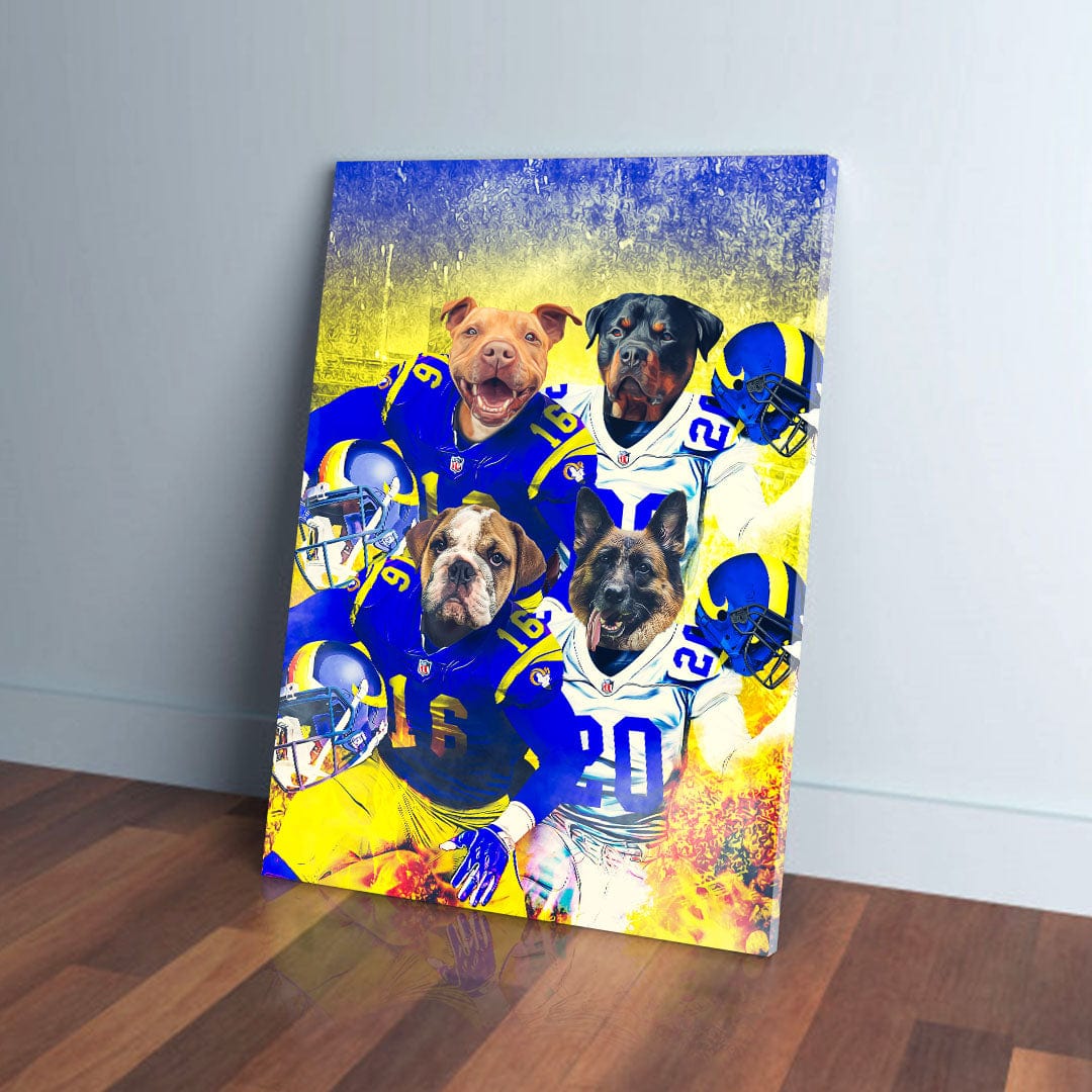 Personalized 4-pet canvas featuring dogs in blue and yellow football uniforms with helmets.