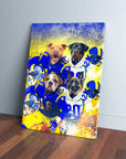 Personalized 4-pet canvas featuring dogs in blue and yellow football uniforms with helmets.