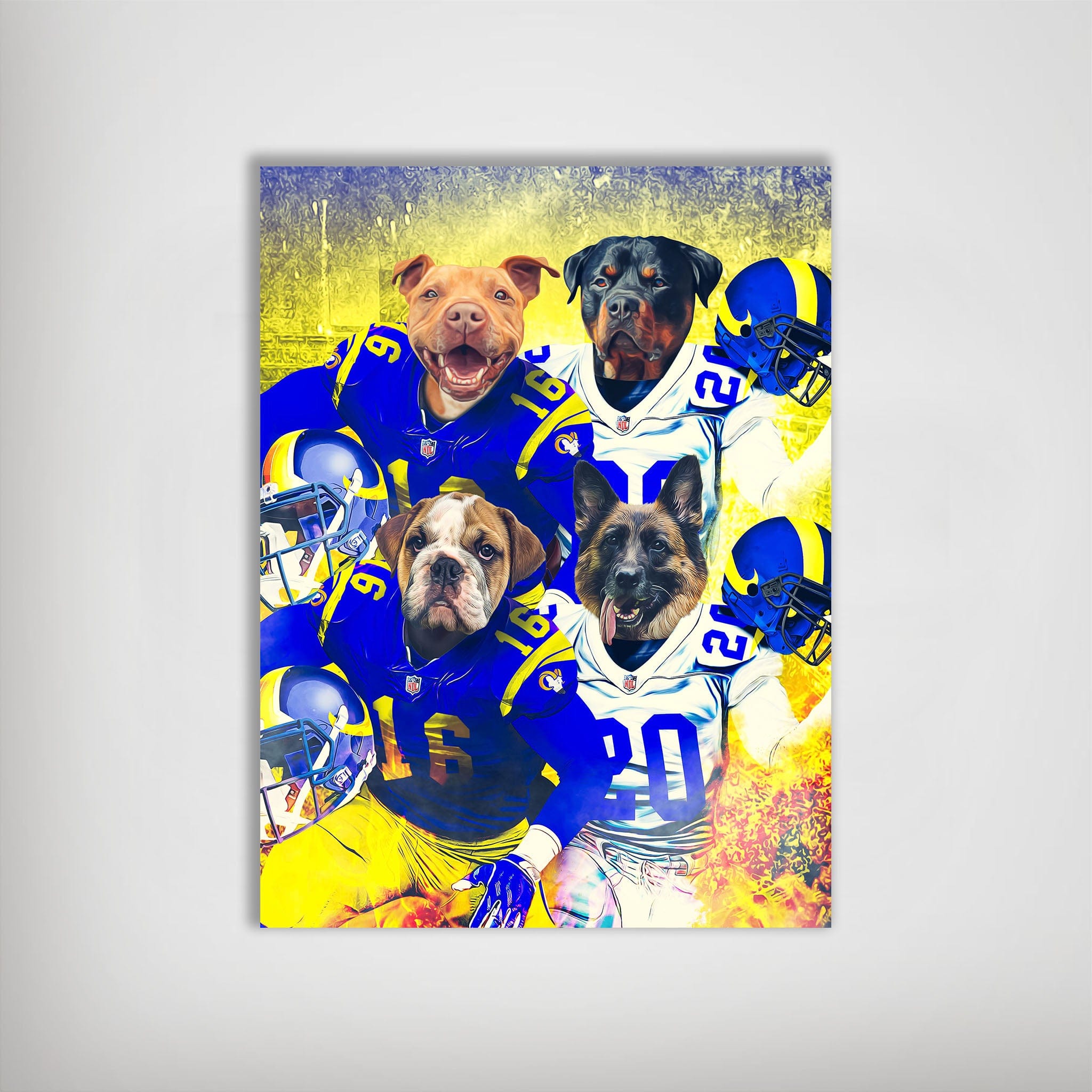 Personalized 'Los Angeles Doggos' 4 pet poster featuring dogs in blue and white football uniforms.