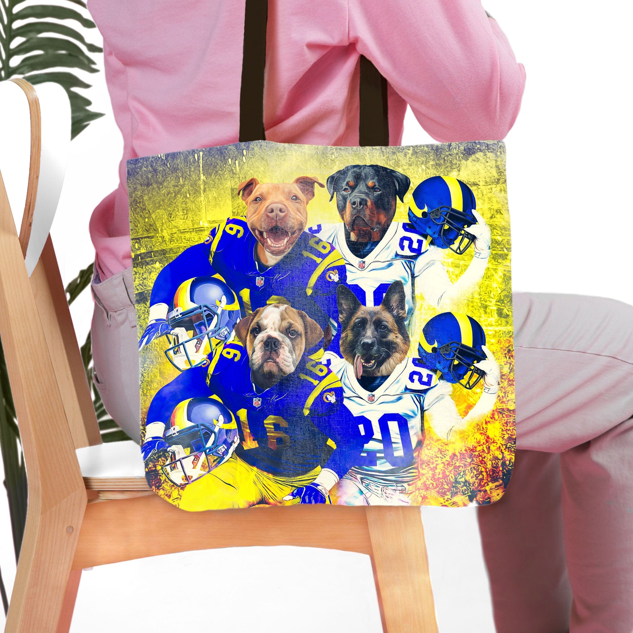 Personalized 4-pet tote bag featuring dogs in Los Angeles Rams football uniforms with a distressed yellow background.