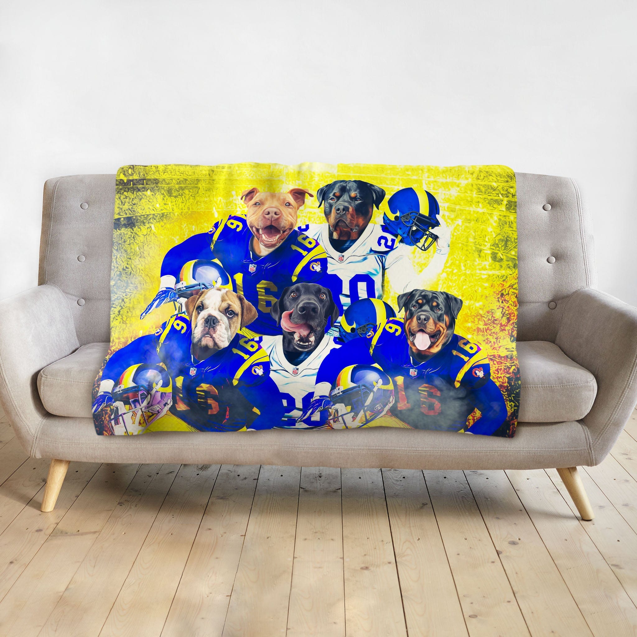 Personalized pet blanket with five dogs in blue football uniforms against a yellow background.