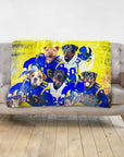 Personalized pet blanket with five dogs in blue football uniforms against a yellow background.