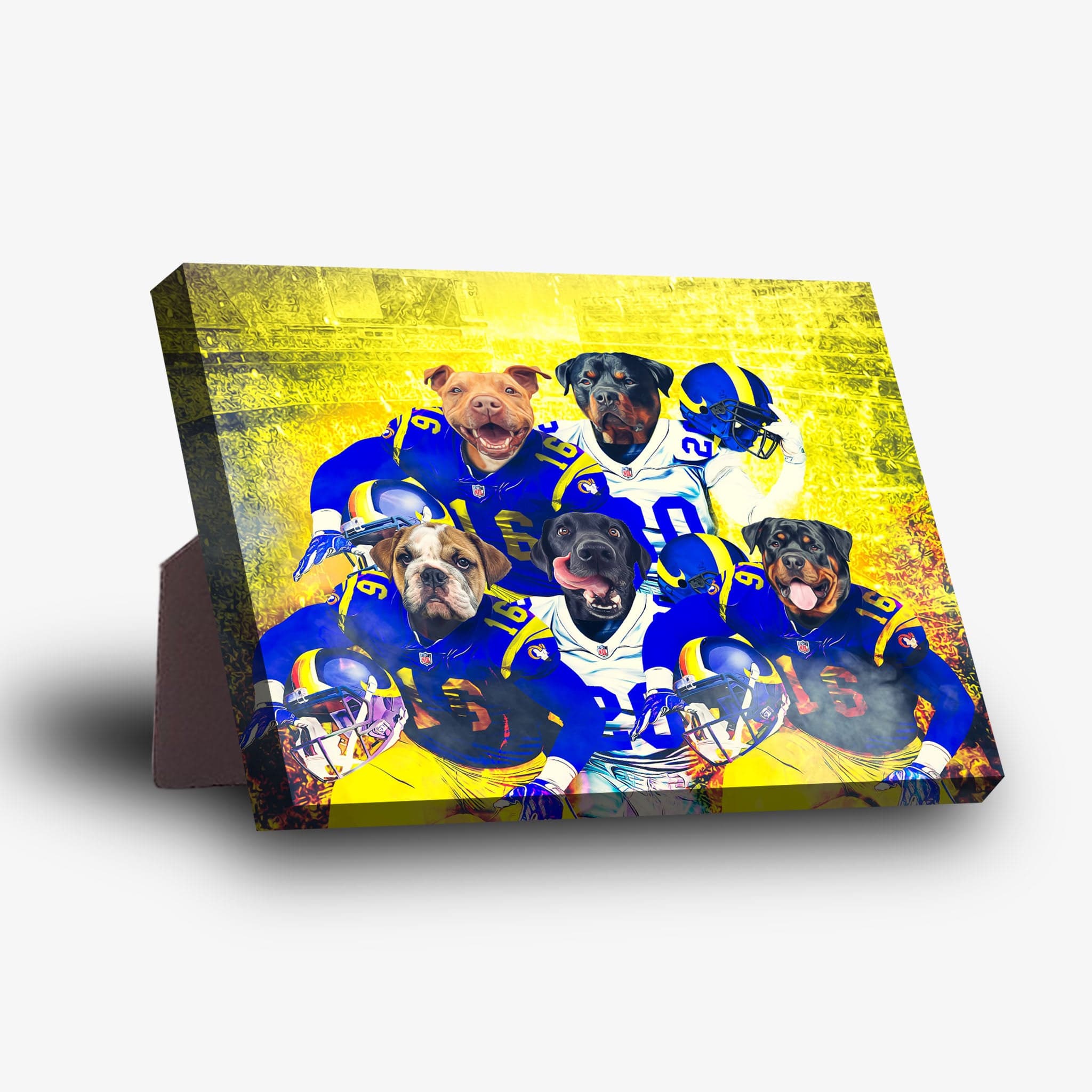Personalized 5-pet standing canvas featuring dogs in blue and yellow football uniforms.