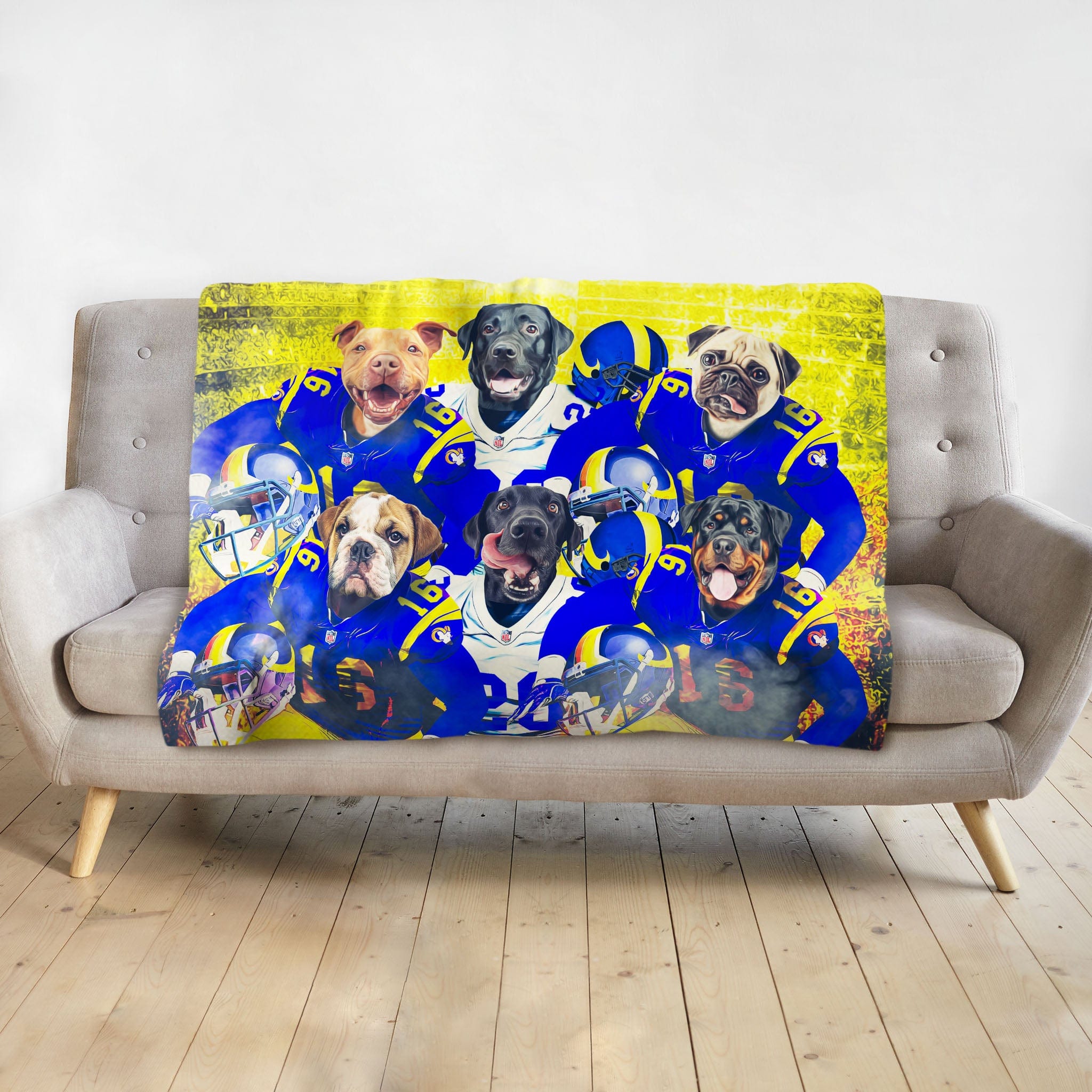Personalized 6-pet blanket featuring dogs in blue and yellow football uniforms.