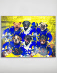 Personalized 6-pet poster featuring dogs in blue and yellow football uniforms against a vibrant background.