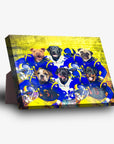 Personalized 6-pet standing canvas featuring dogs in blue and yellow football uniforms.
