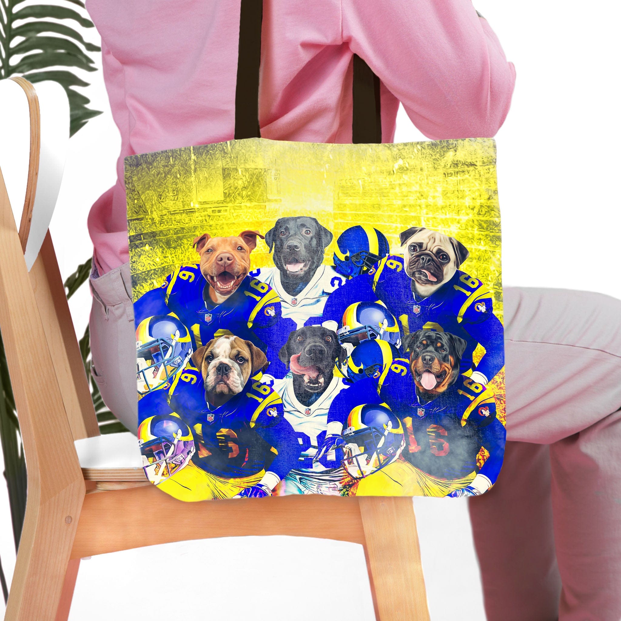 Personalized Los Angeles Doggos 6-pet tote bag with dogs in blue and yellow football uniforms.
