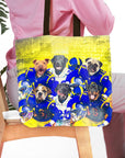Personalized Los Angeles Doggos 6-pet tote bag with dogs in blue and yellow football uniforms.