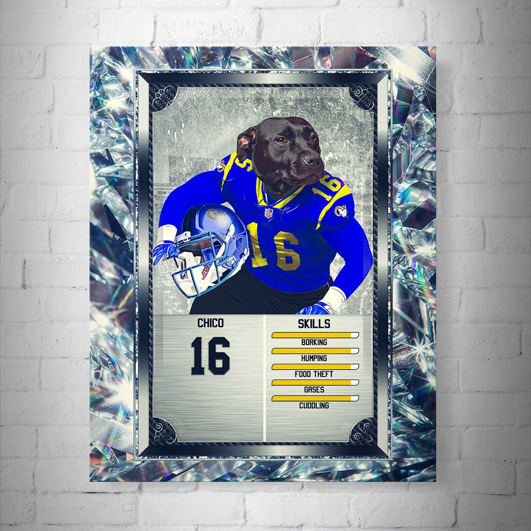 Personalized Los Angeles Doggos football trading card poster featuring a black dog in a blue jersey, number 16.