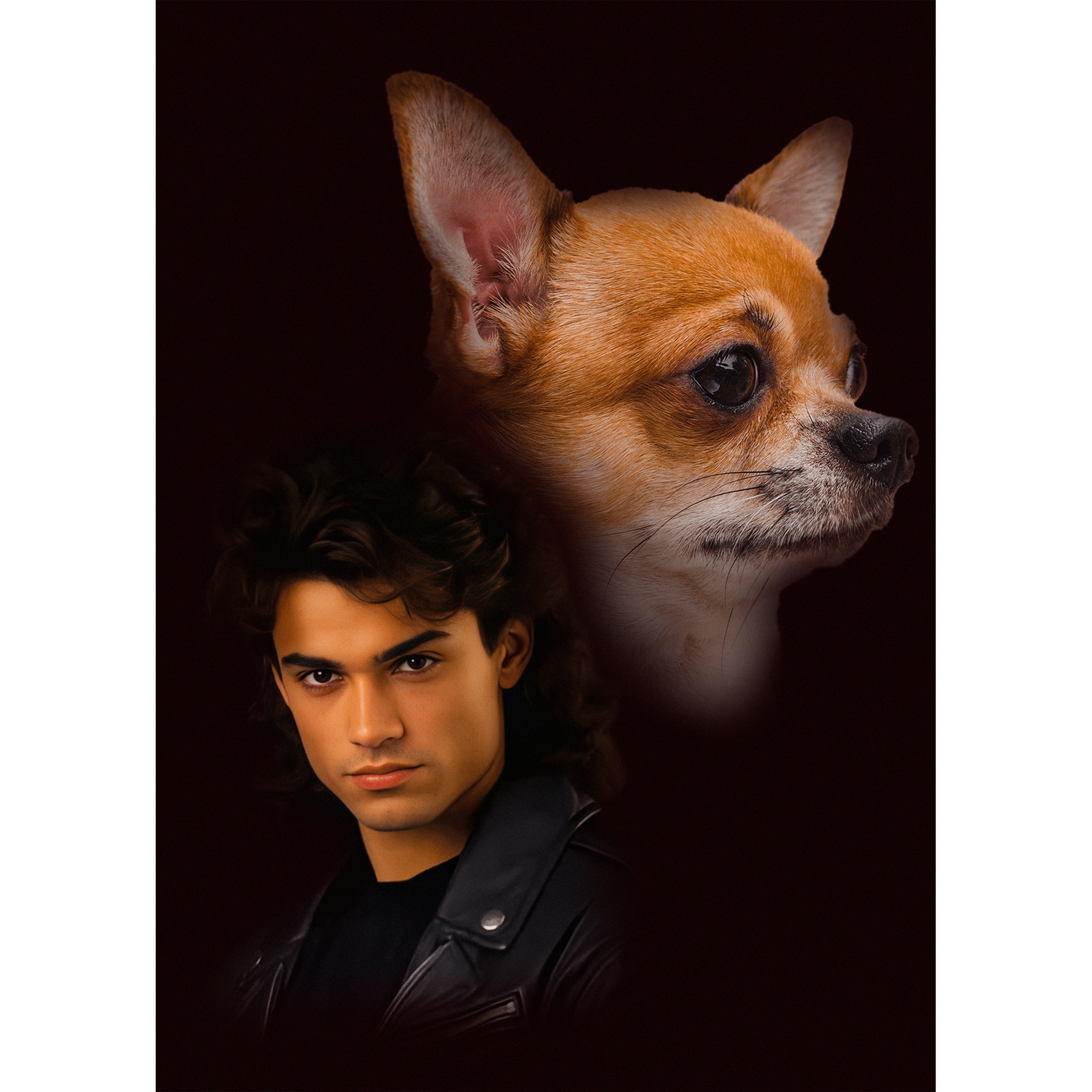 Personalized digital portrait of a man in a leather jacket and a chihuahua on a dark background.