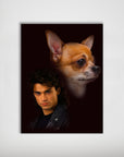 Personalized 'Majestic Dark Pose' poster featuring a man in a leather jacket and a chihuahua on a dark background.