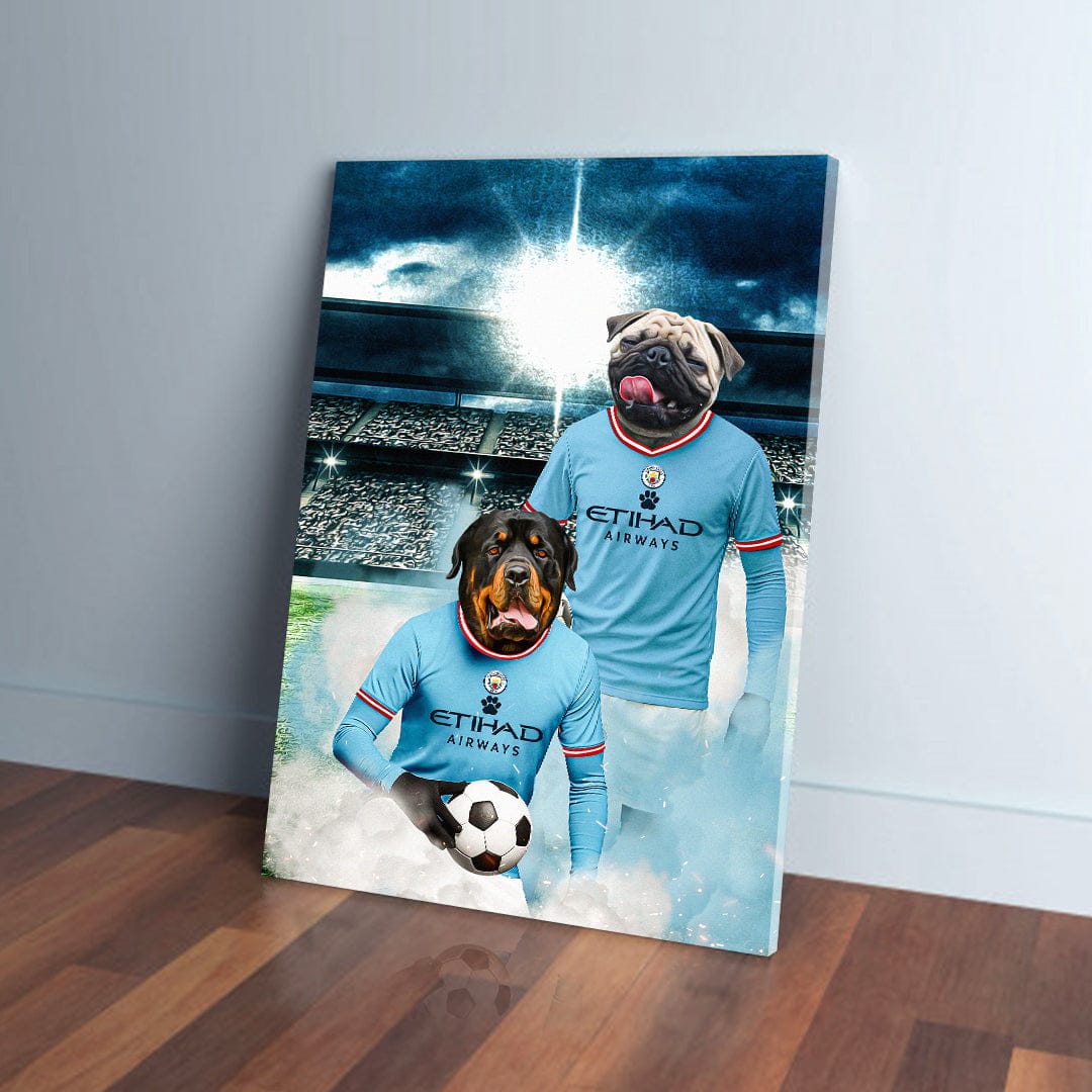 Personalized Manchester City Doggos Football canvas featuring a Rottweiler and Pug in sky blue jerseys.