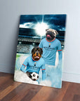 Personalized Manchester City Doggos Football canvas featuring a Rottweiler and Pug in sky blue jerseys.