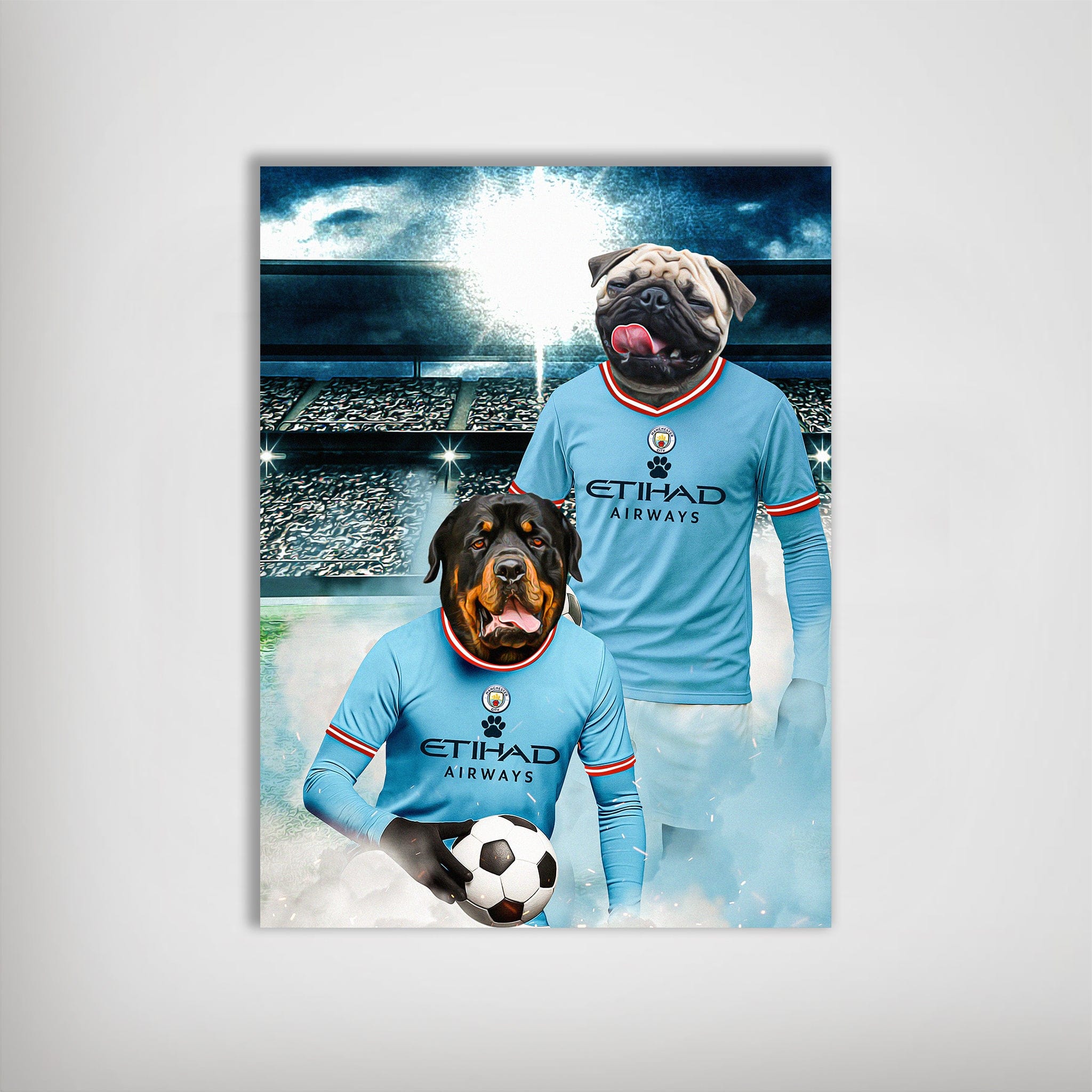 Personalized Manchester City Doggos Football poster featuring a pug and rottweiler in light blue jerseys.