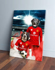 Personalized canvas featuring two dogs in red Manchester United football kits on a stadium background.