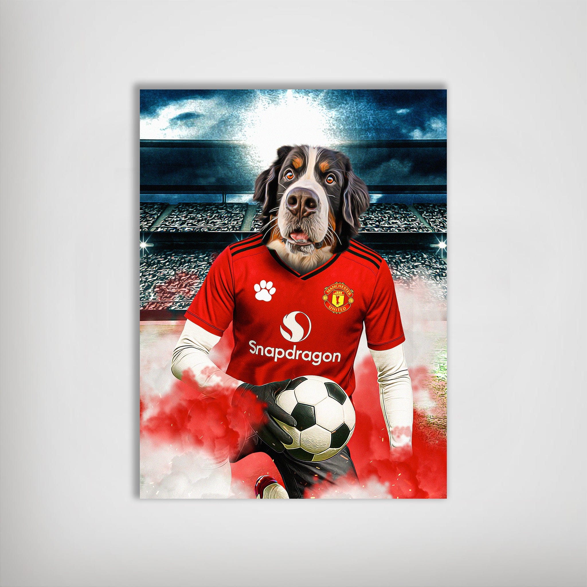 Personalized dog poster featuring a Bernese Mountain Dog in a red Manchester United football kit, holding a soccer ball.