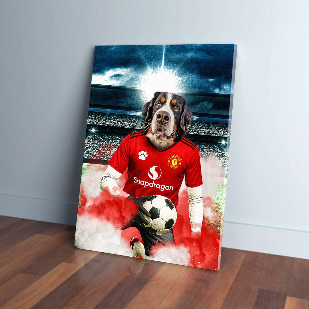 Personalized pet canvas featuring a Bernese Mountain Dog in a red Manchester United football kit holding a soccer ball.