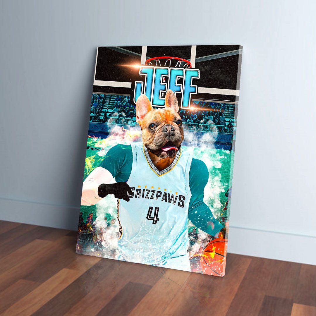 Personalized "Memphis Grizzpaws" pet canvas featuring a French Bulldog in a light blue basketball jersey.