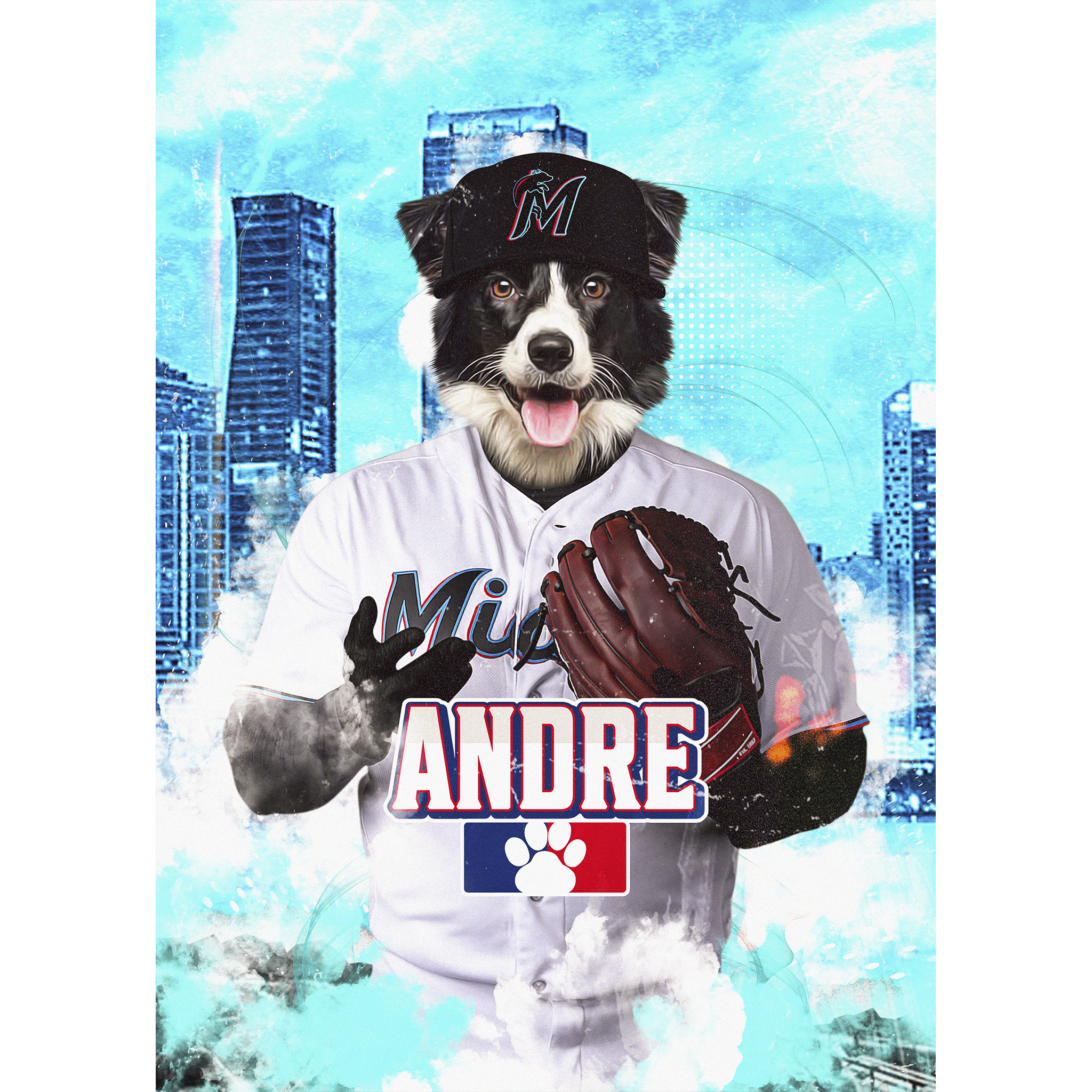 Custom digital portrait of a Border Collie dog in a Miami Marlins baseball uniform with "ANDRE" and a paw print.