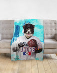 Personalized pet blanket with a border collie dog portrait in a Miami Marlins baseball uniform.