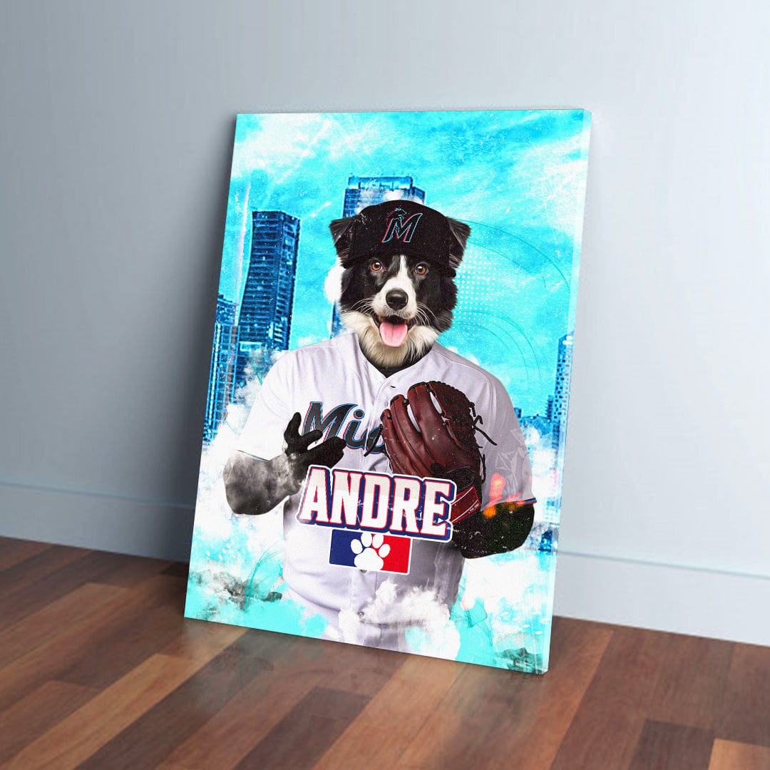 Personalized pet canvas featuring a Border Collie in a white Miami Marlins baseball uniform and glove.