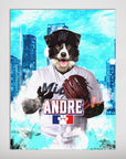 Personalized pet poster featuring a border collie in a Miami Marlins baseball uniform with "Andre" and a paw print logo.