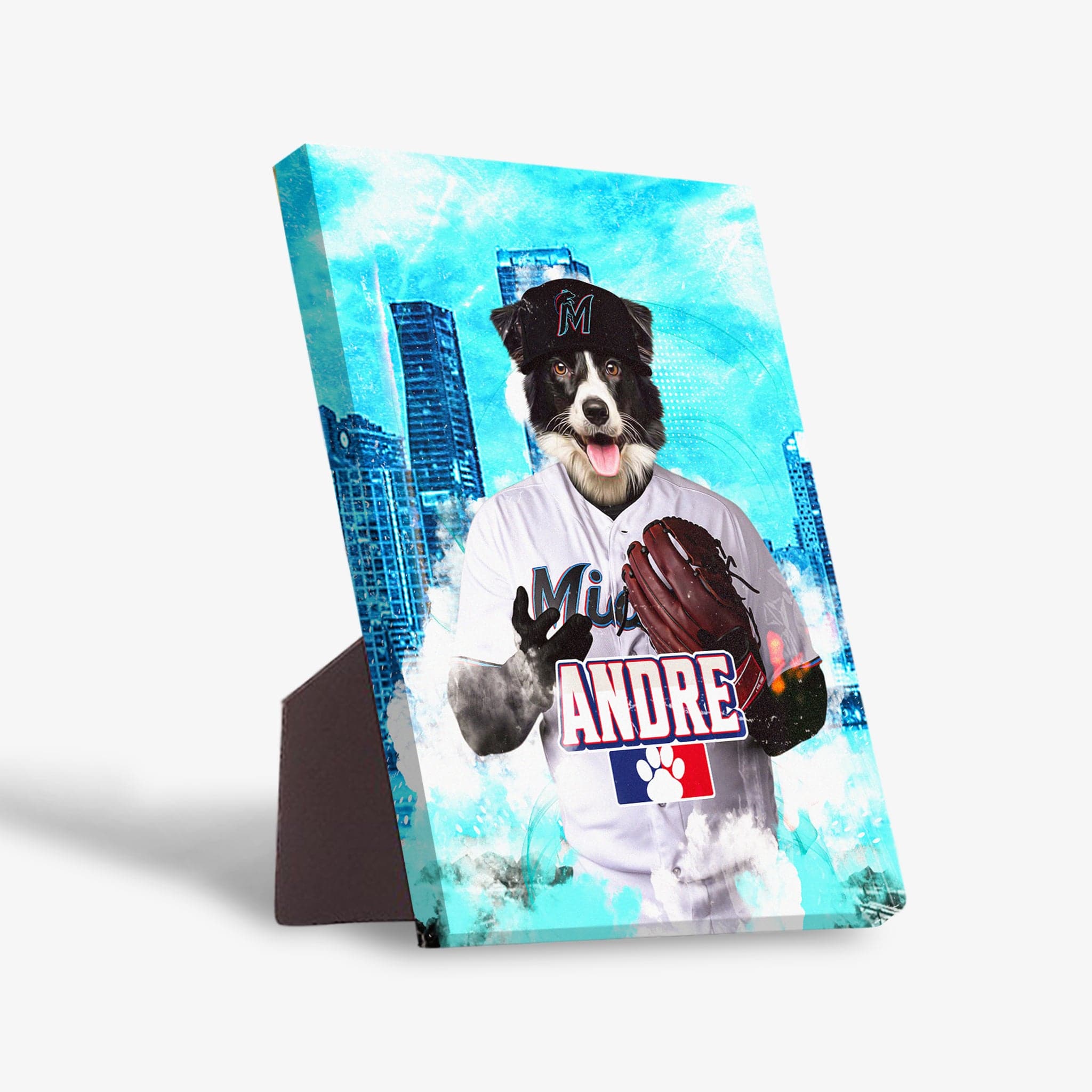 Personalized pet standing canvas featuring a Border Collie in a Miami Marlins baseball uniform against a blue city skyline.