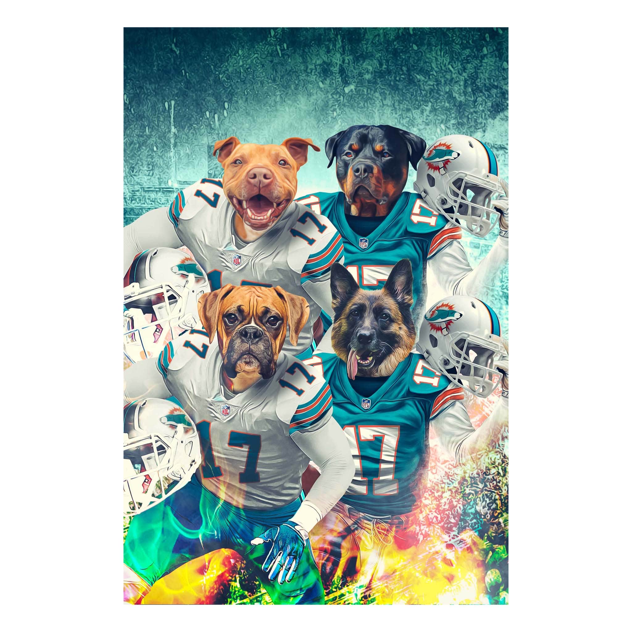Custom digital portrait of four dogs in Miami Dolphins football jerseys.
