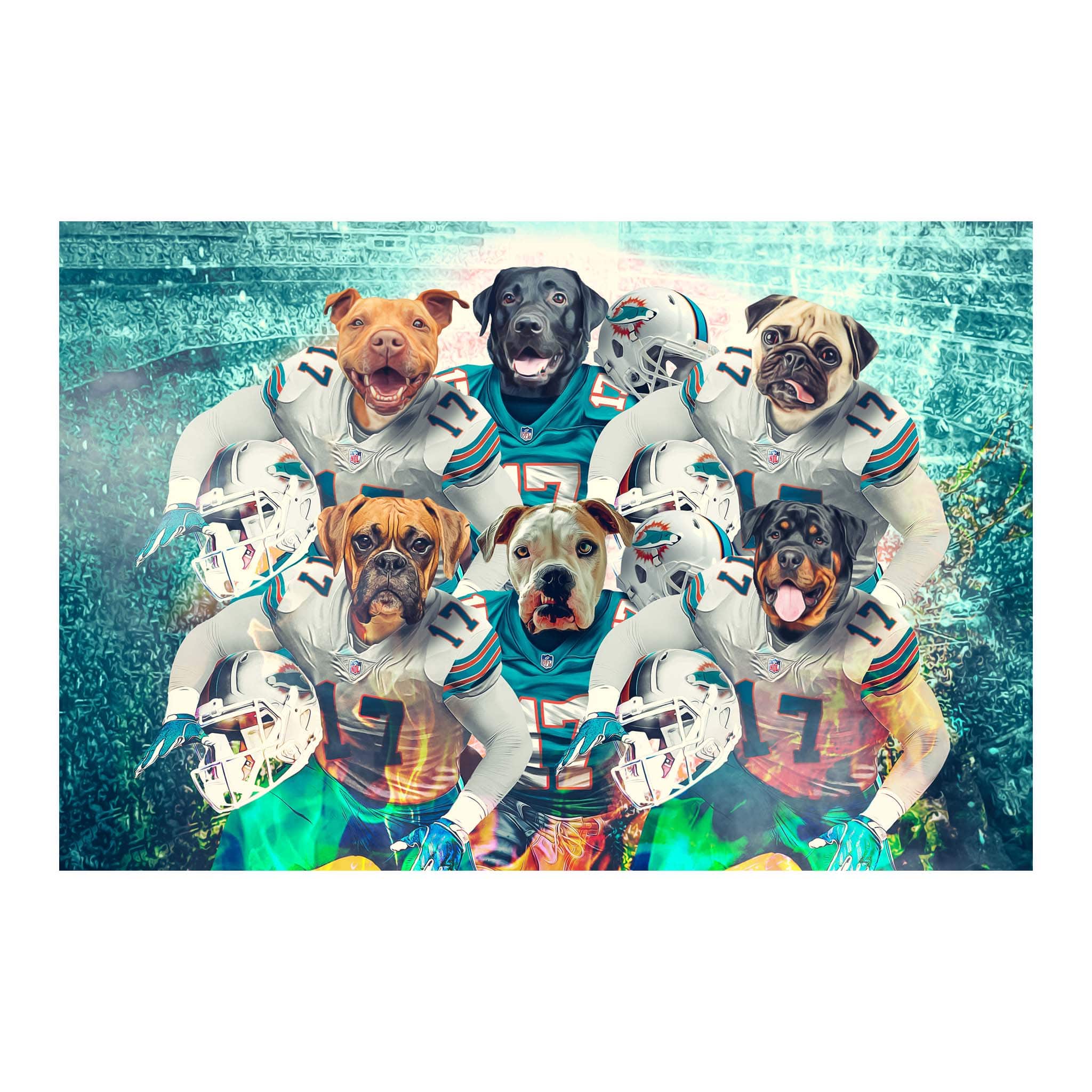 Personalized digital portrait of six dogs in Miami Dolphins football uniforms.