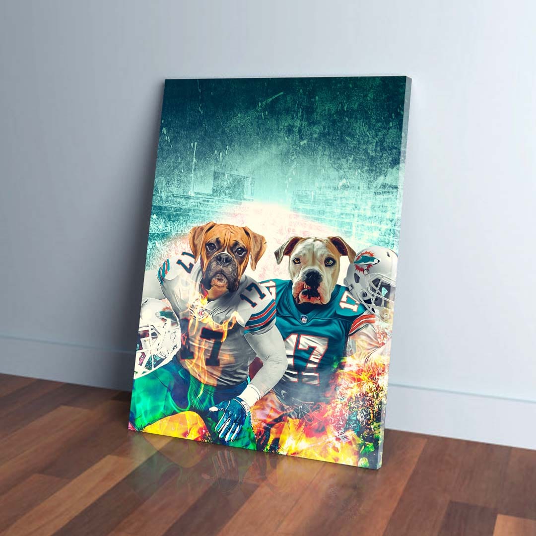 Personalized "Miami Doggos" canvas featuring two pets as football players in teal and white uniforms.