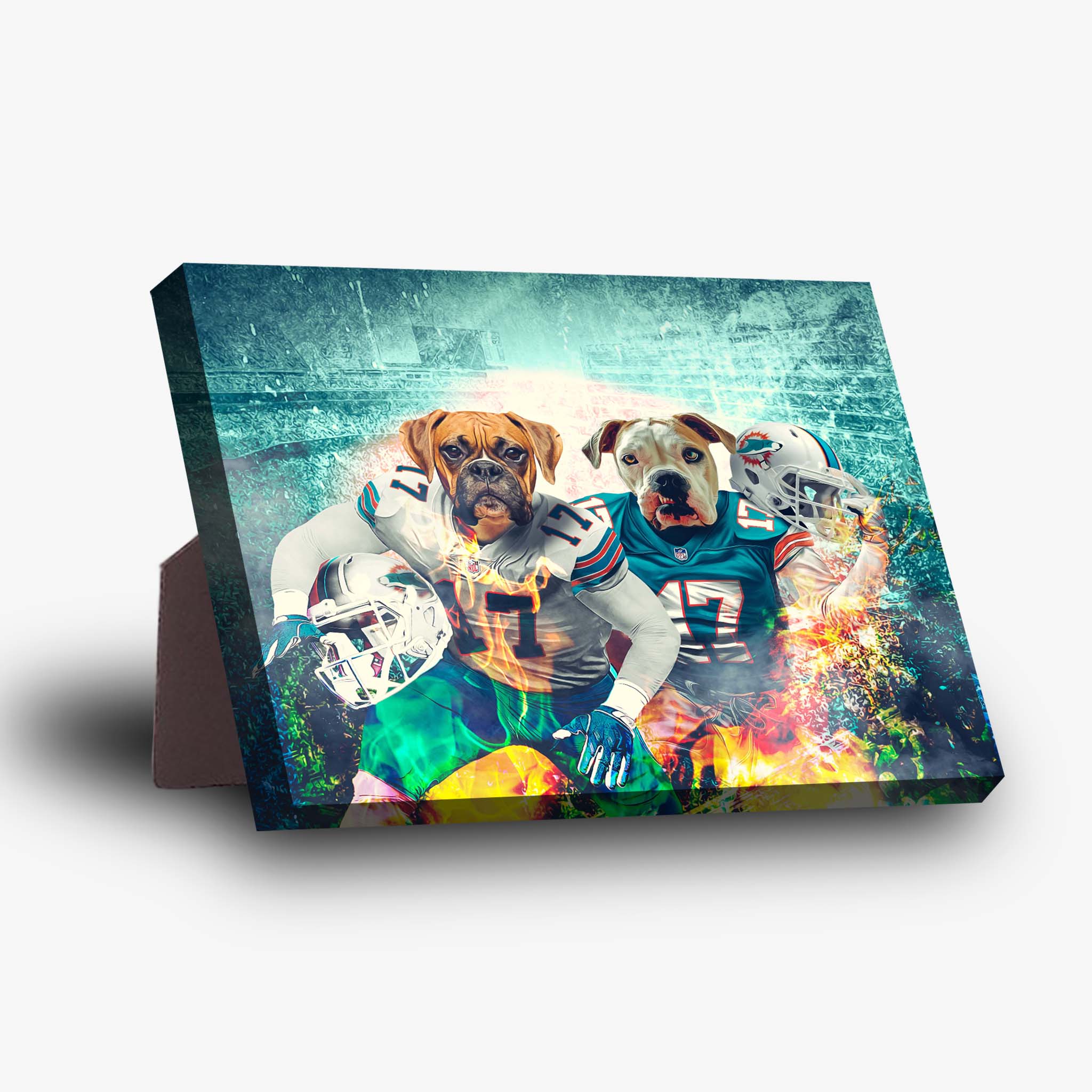 Personalized 'Miami Doggos' standing canvas featuring two pets as football players in teal and white uniforms.