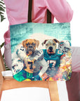 Personalized tote bag with two custom dog portraits in football uniforms.