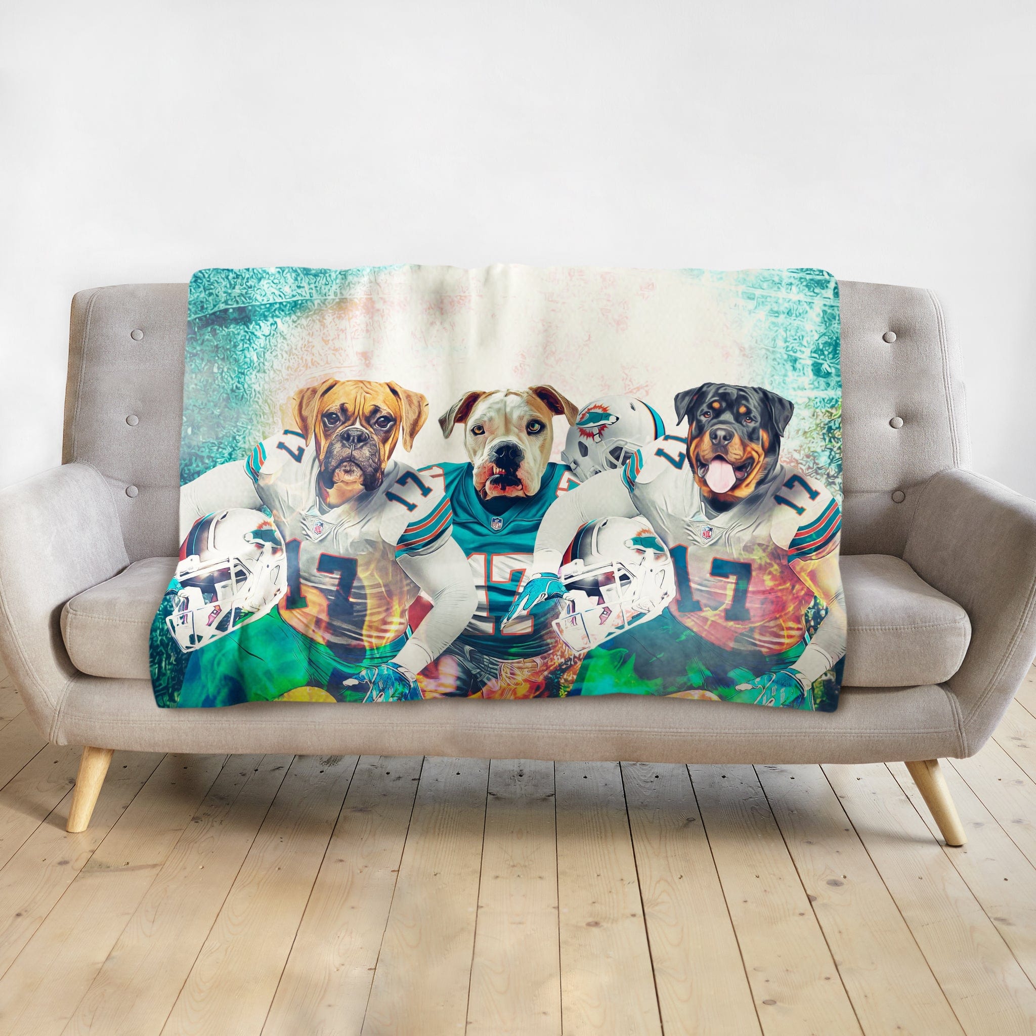 Personalized 3 pet blanket featuring dogs in Miami Dolphins football uniforms.