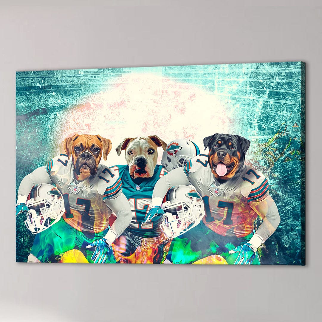Personalized 'Miami Doggos' 3 pet canvas featuring dogs in football jerseys on a vibrant stadium background.