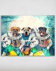 Personalized poster featuring three dogs in Miami Dolphins football uniforms with helmets, vibrant colors.