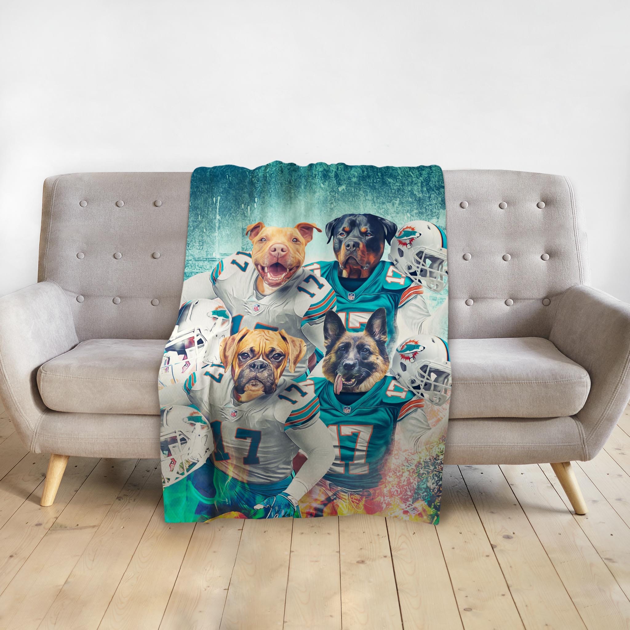 Personalized Miami Doggos blanket with four dogs in football uniforms.