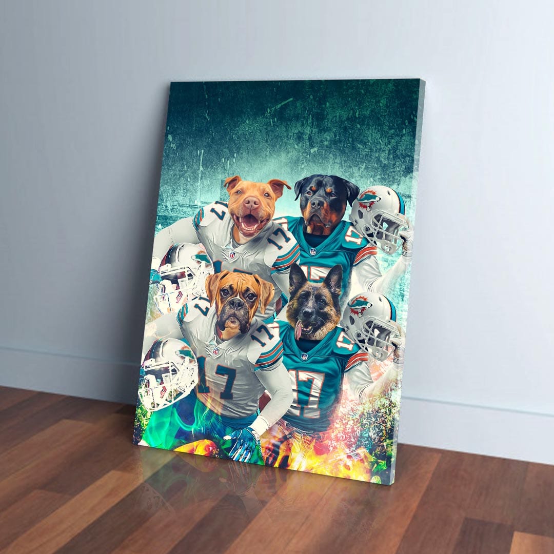 Personalized 'Miami Doggos' canvas featuring four pets as football players in teal and white jerseys.