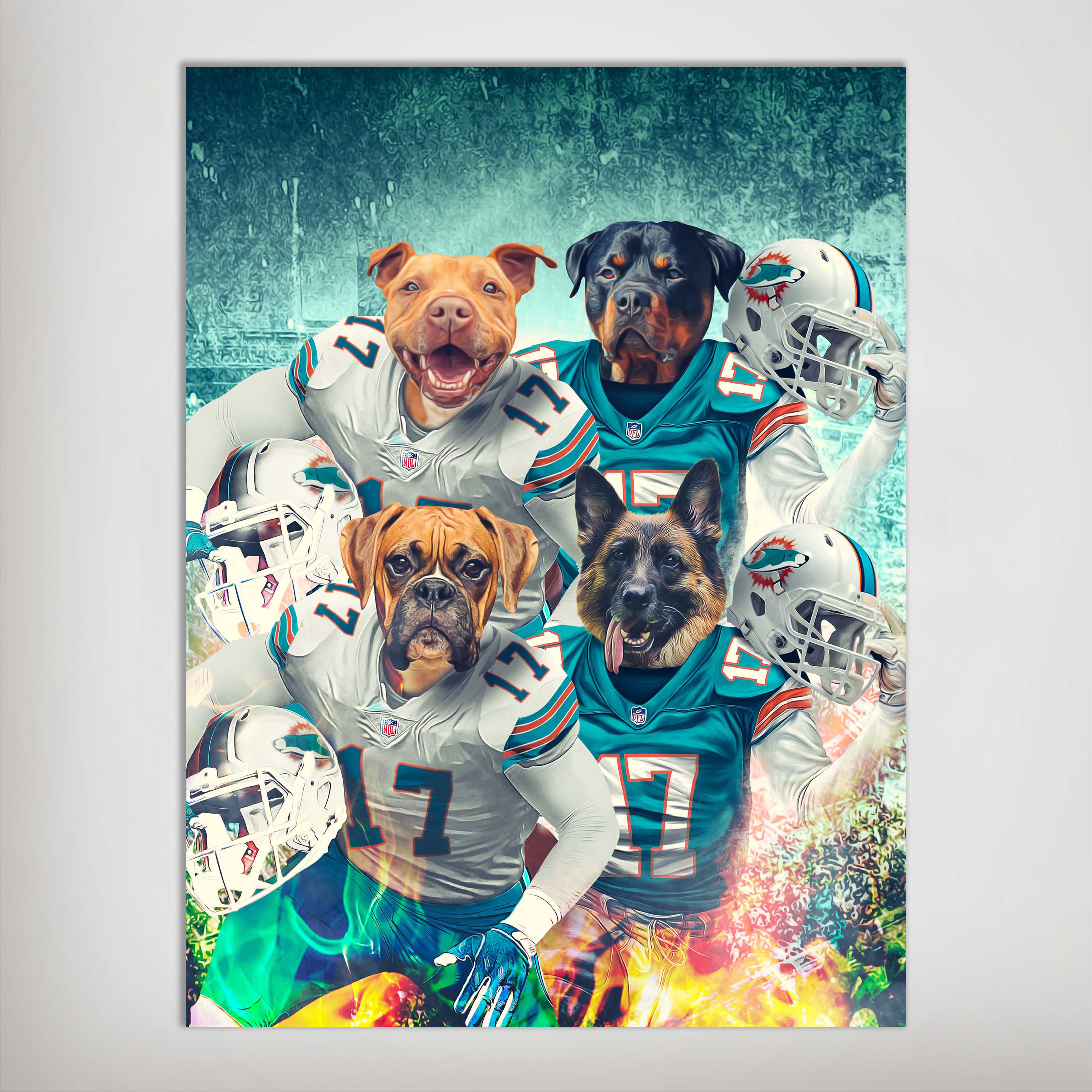 Personalized 'Miami Doggos' poster featuring four pets as football players in white and teal jerseys.