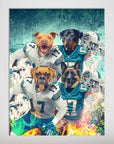 Personalized 'Miami Doggos' poster featuring four pets as football players in white and teal jerseys.