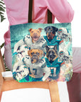 Personalized 4-pet tote bag with dogs in football uniforms and helmets.