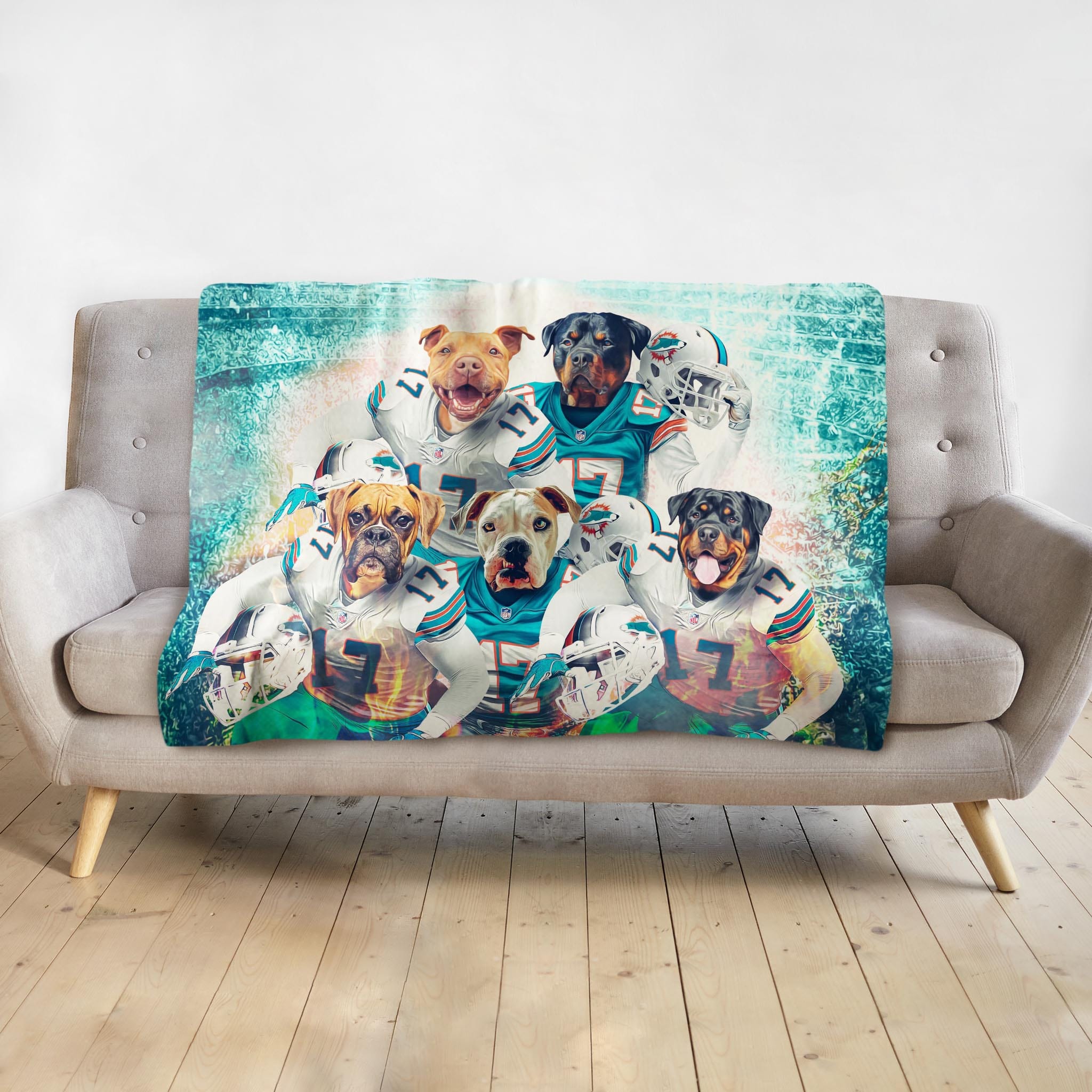 Personalized Miami Doggos 5-pet blanket with dogs in football uniforms.