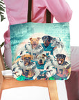 Personalized 5-pet tote bag featuring dogs in football jerseys with a stadium background.