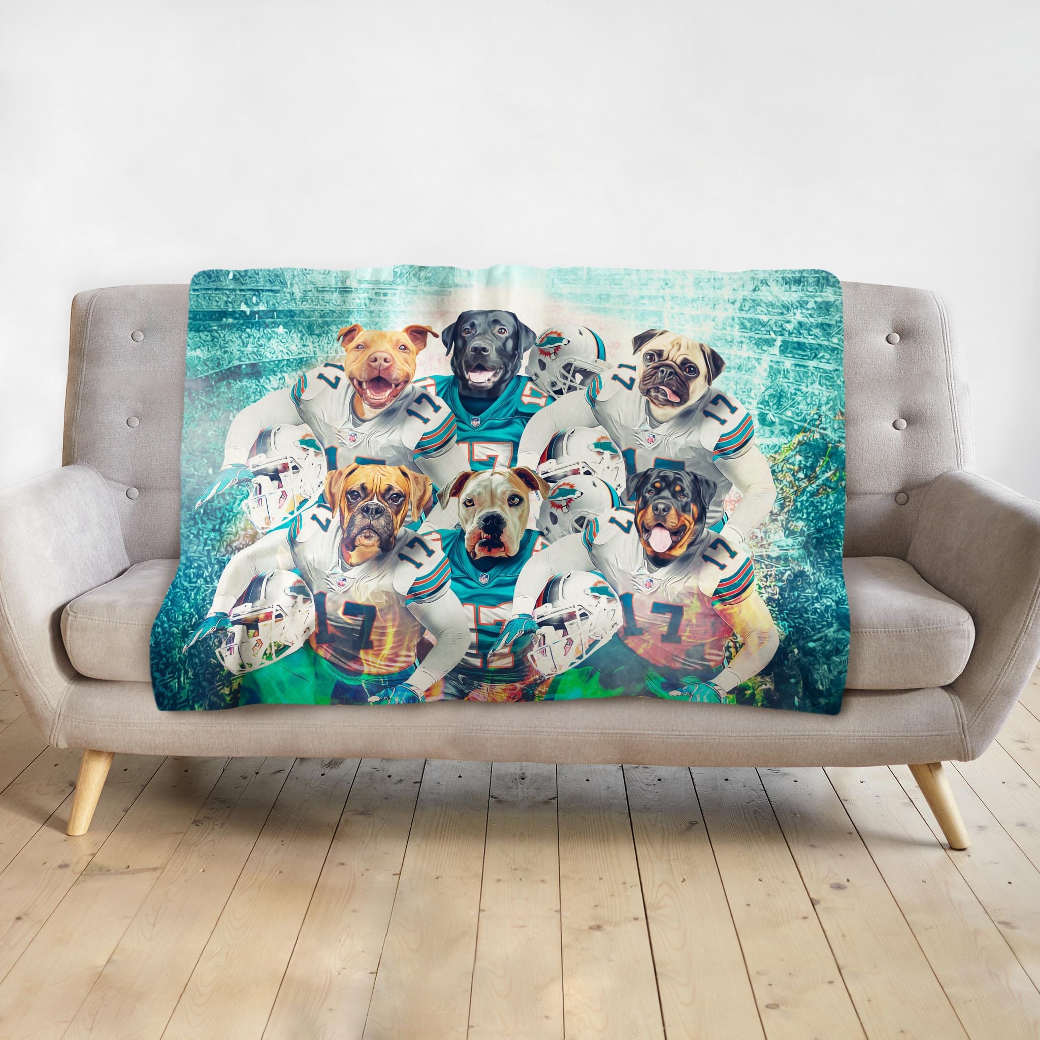 Personalized Miami Doggos 6-pet blanket featuring dogs in football uniforms on a gray sofa.