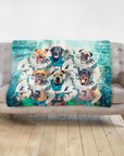 Personalized Miami Doggos 6-pet blanket featuring dogs in football uniforms on a gray sofa.