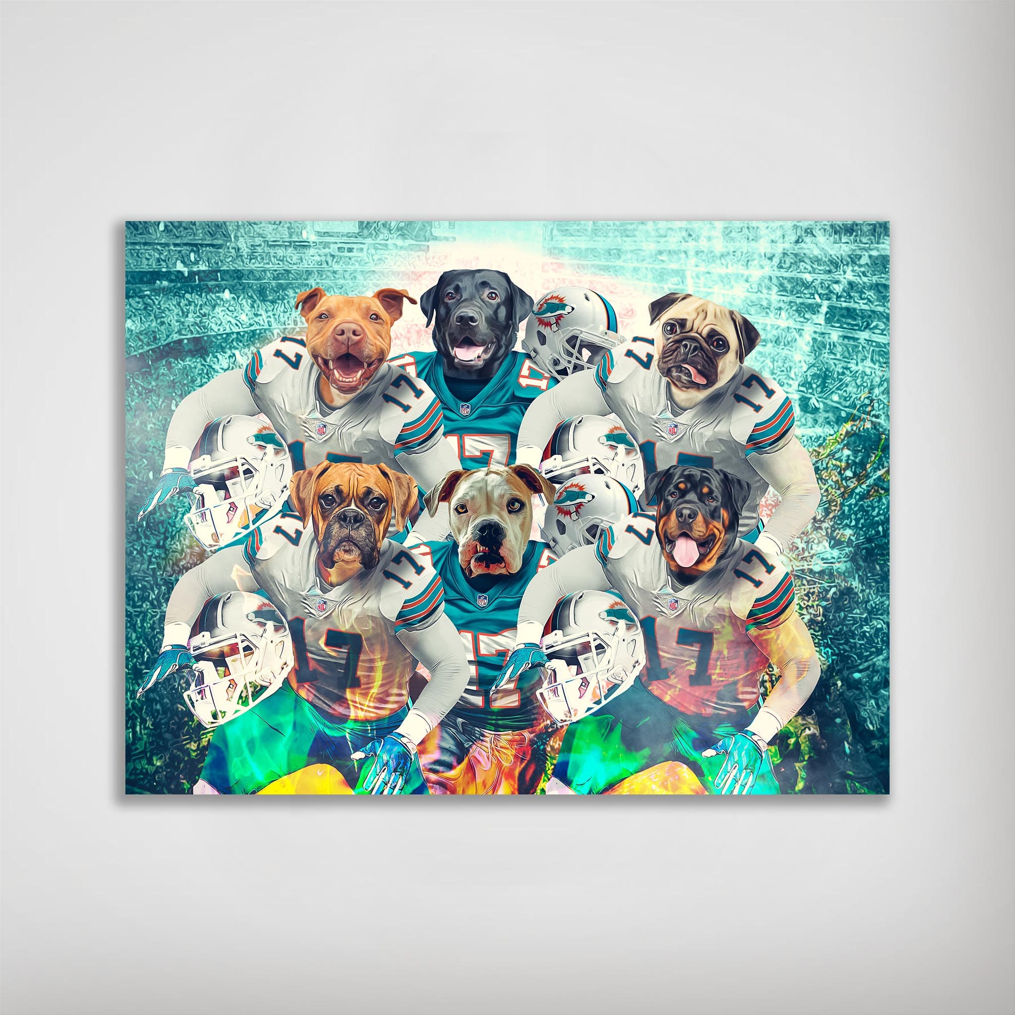 Personalized 'Miami Doggos' 6 pet poster featuring dogs in football uniforms on a vibrant stadium background.